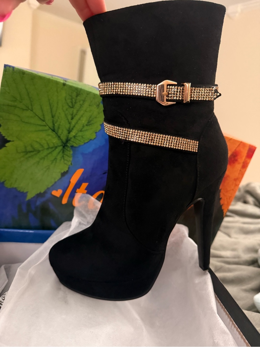 Italina Black Suede High-Heel Ankle Boots with Gold Crystal Straps